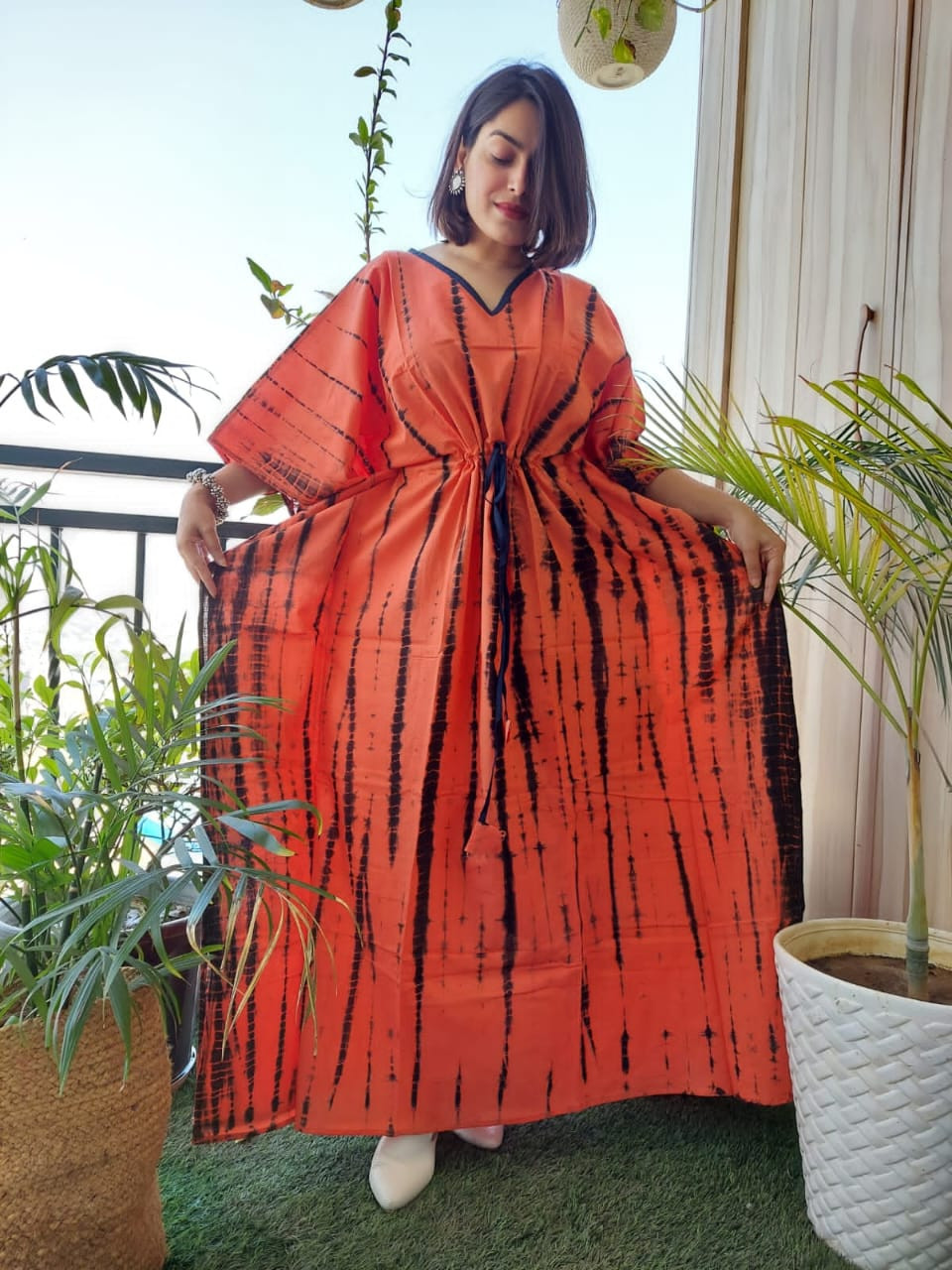 Orangy Red Tie & Dye Printed Long Kaftan