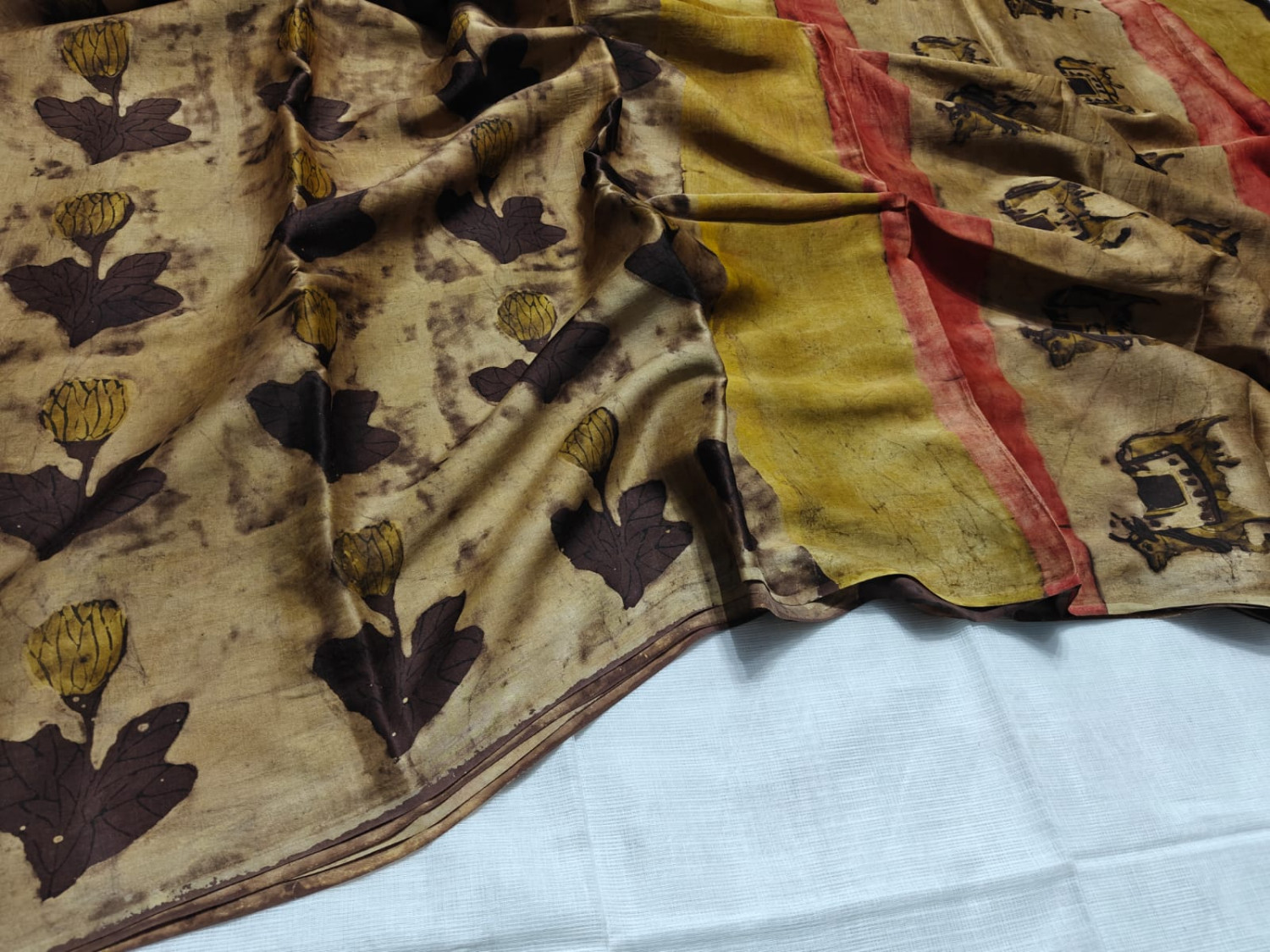 Earthy Beige Handblock Printed Pure Modal Silk Saree with Tribaal Motif Pallu with printe blouse