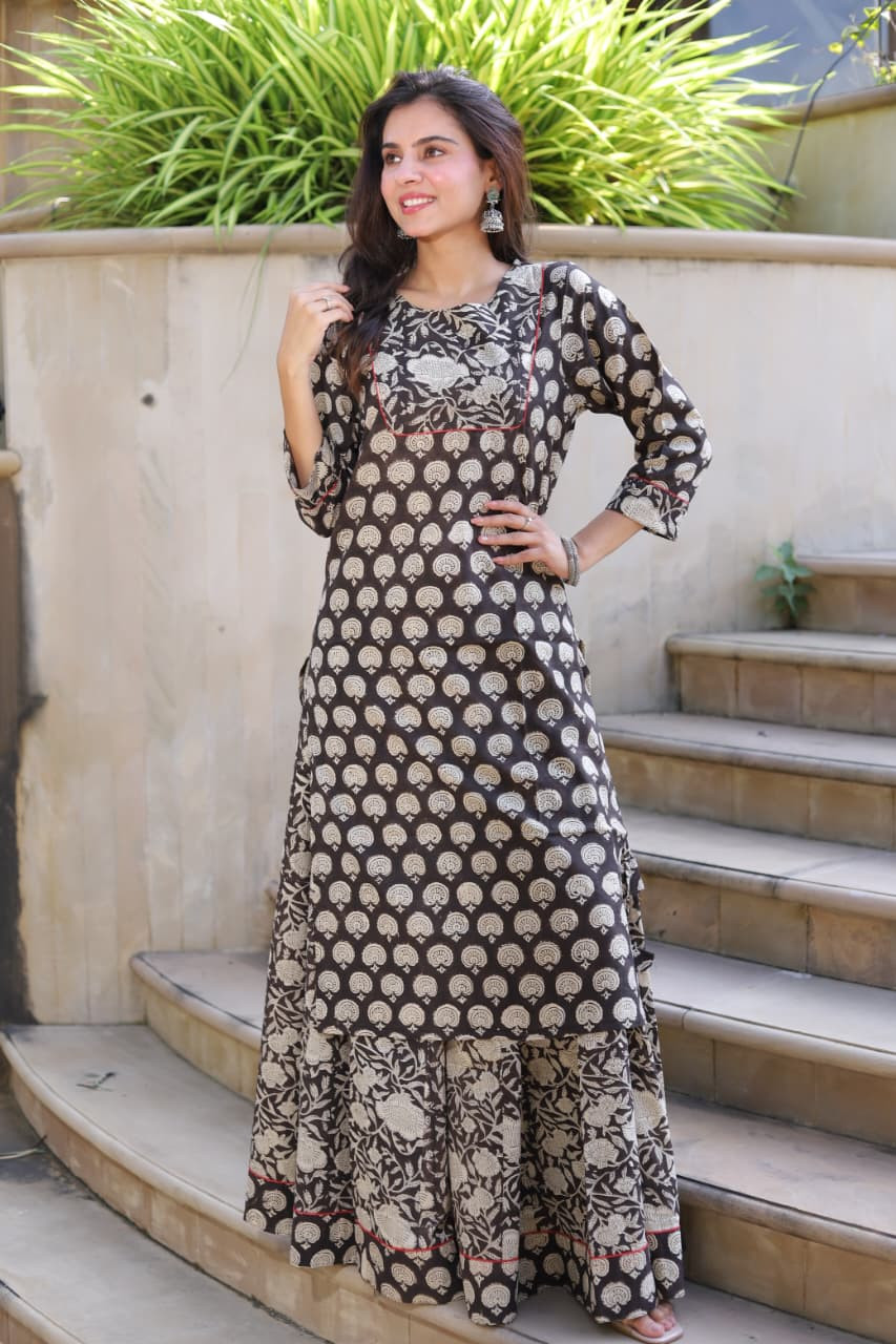 Women's Black & White Hand Block Print Cotton Kurta Skirt Set
