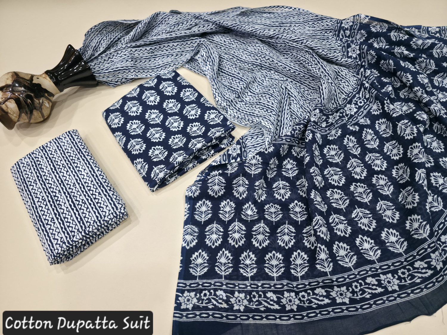 Navy Blue and White Floral or Block Print.