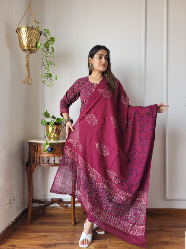 Maroon Hand Block Printed Cotton Suit Set