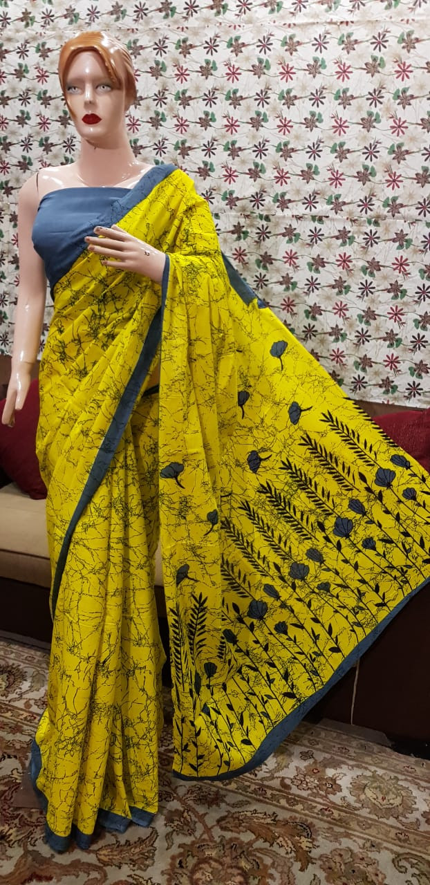 Yellow and Grey Batik Print Saree with floral stems and a crackled texture design.