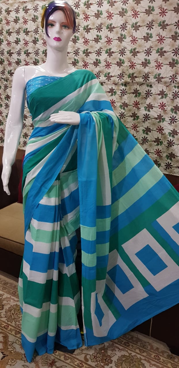 Vibrant Multi-Colored Horizontal Striped Cotton Saree with Geometric Patterned Pallu.