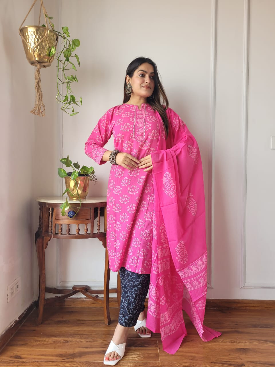 Hand Block Printed Cotton Kurta Set with Pants and Dupatta