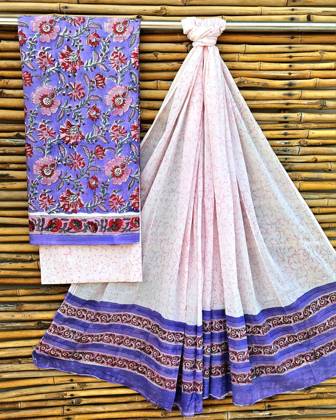Jaipuri Hand-Block Print Cotton Suit Set in Lavender & Pink