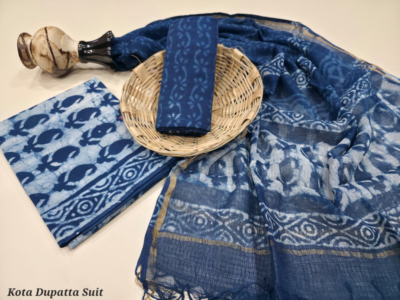 Blue and White Indigo Dabu Hand Block Print Cotton Suit with Kota Doria Dupatta