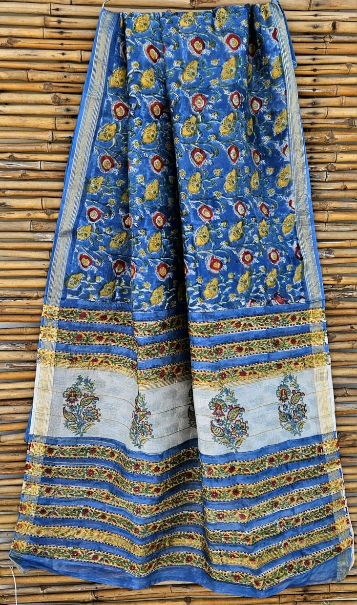 Indigo Blue & Ivory Hand Block Printed Maheshwari Silk Saree with Blouse