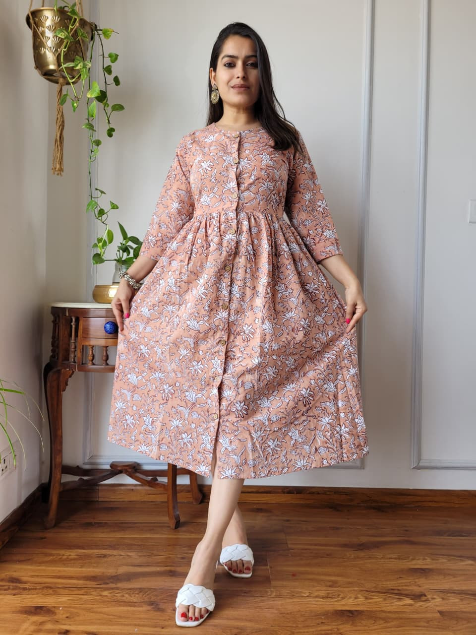 Peach Pink Cotton Hand Block Printed  One Piece Dress with white floral patterns and a front button placke