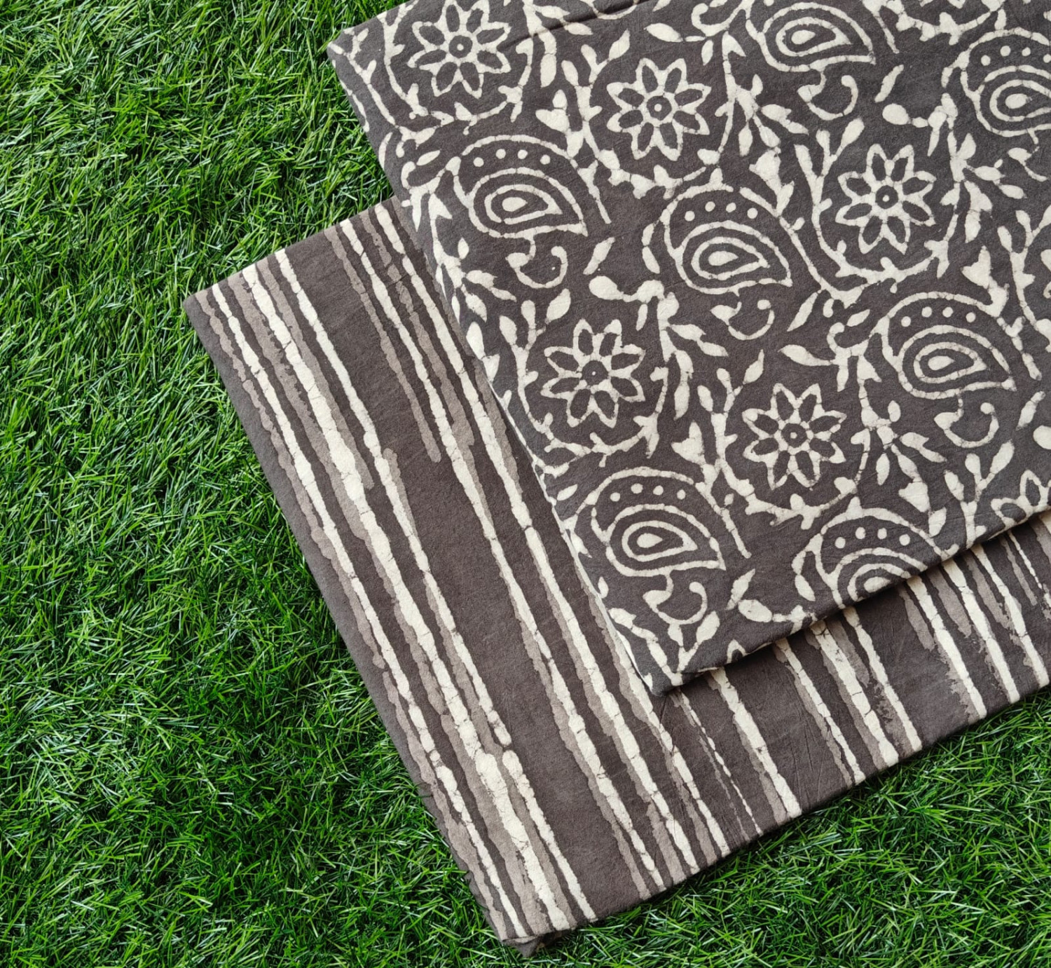 Taupe Grey & Off-White 'Paisley Vine & Vertical Stripe' Hand-Block Bagru Dabu Print Cotton (60/60) Cambric Suit Set – Top 2.50 MTR + Bottom 2.50 MTR