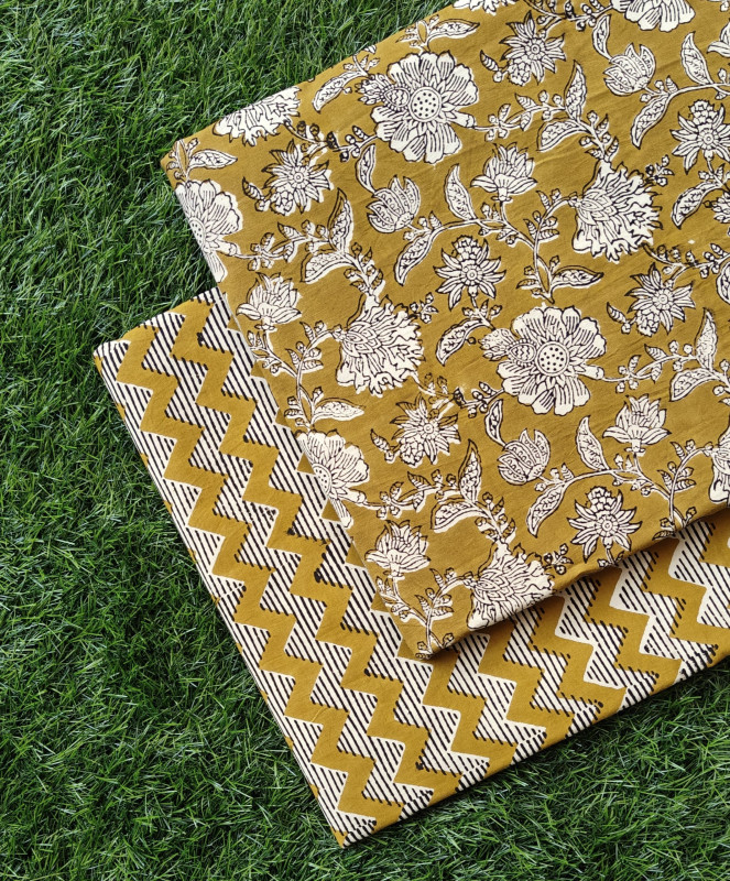 Mustard Floral Hand-Block Bagru Dabu Print Cotton (60×60) Cambric Suit Set – Top 2.50 MTR + Bottom 2.50 MTR