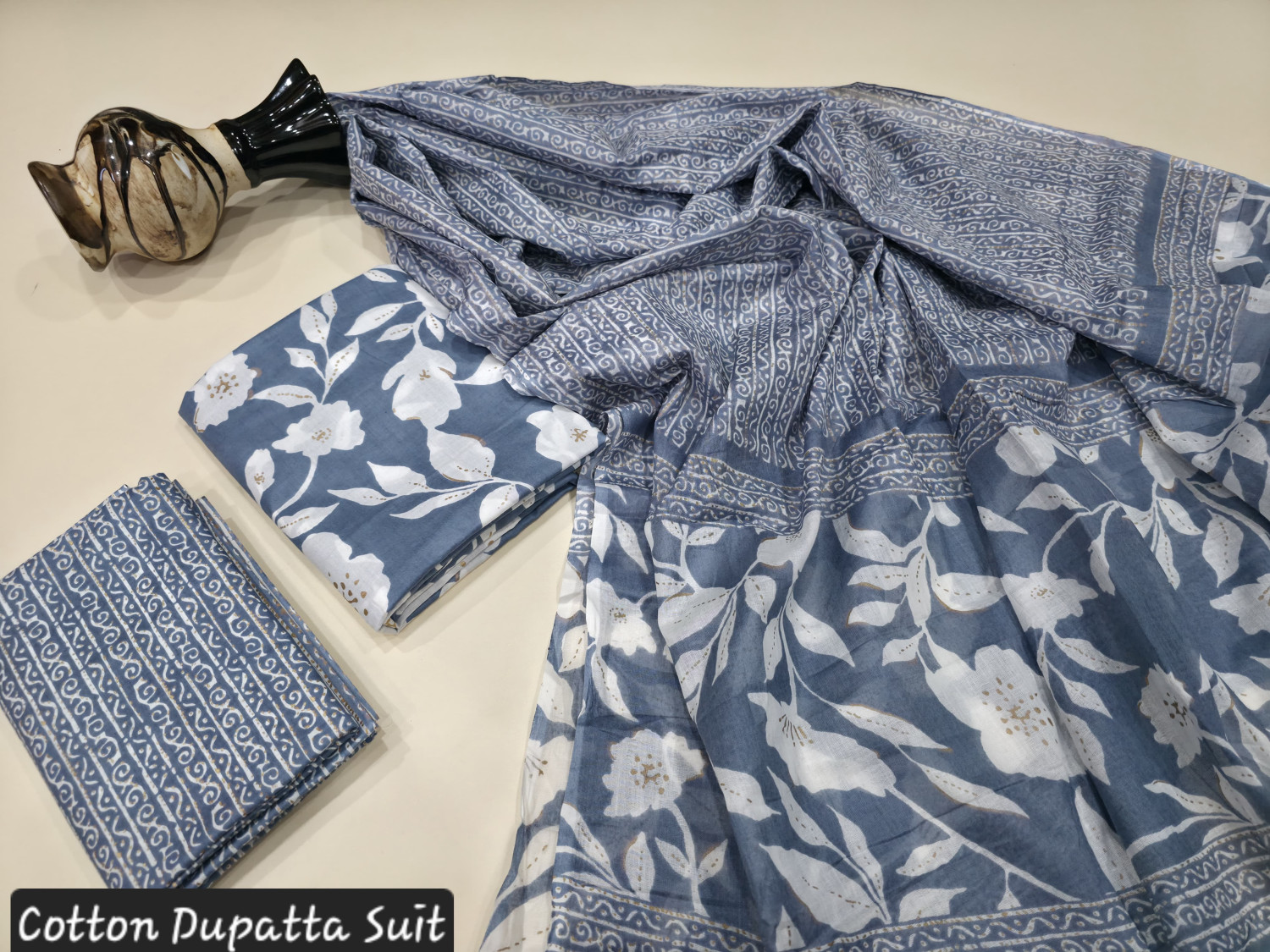 Slate Blue and White Hand Block Printed Cotton Dupatta Suit.