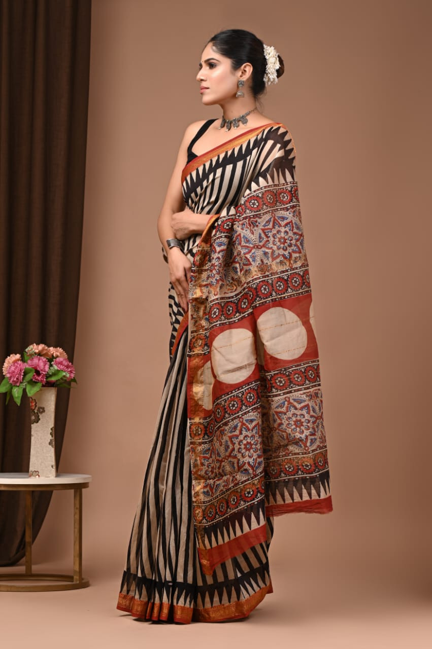 Black and White Striped Saree with Red Border and Kalamkari Print Pallu