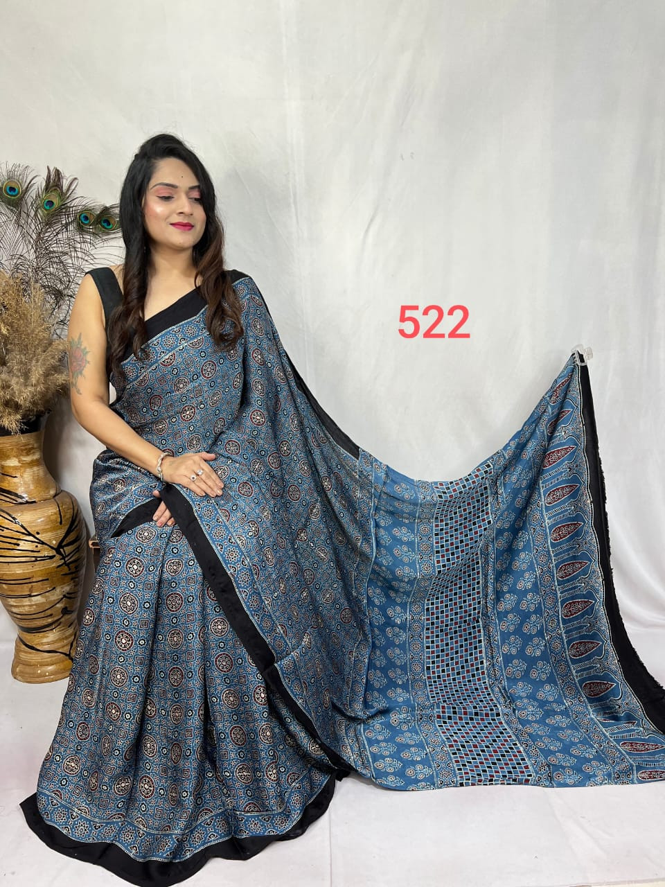 Indigo Blue Ajrakh Hand Block Print Modal Silk Saree.