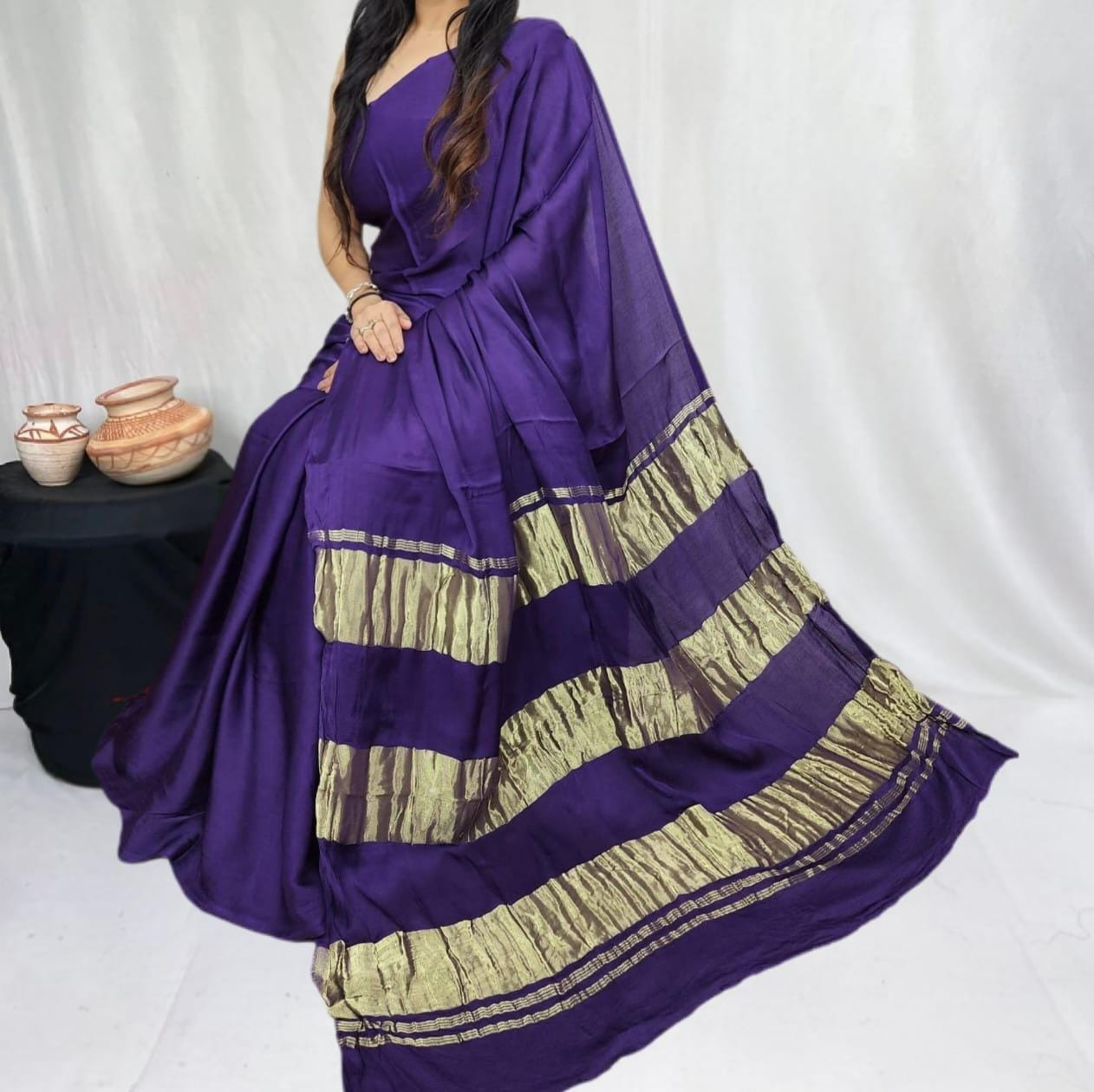 Purple Pure Modal Silk Saree with 3 Lagdi Patta Tissue Pallu (Length-6.50 mtr with Width-46 inches)