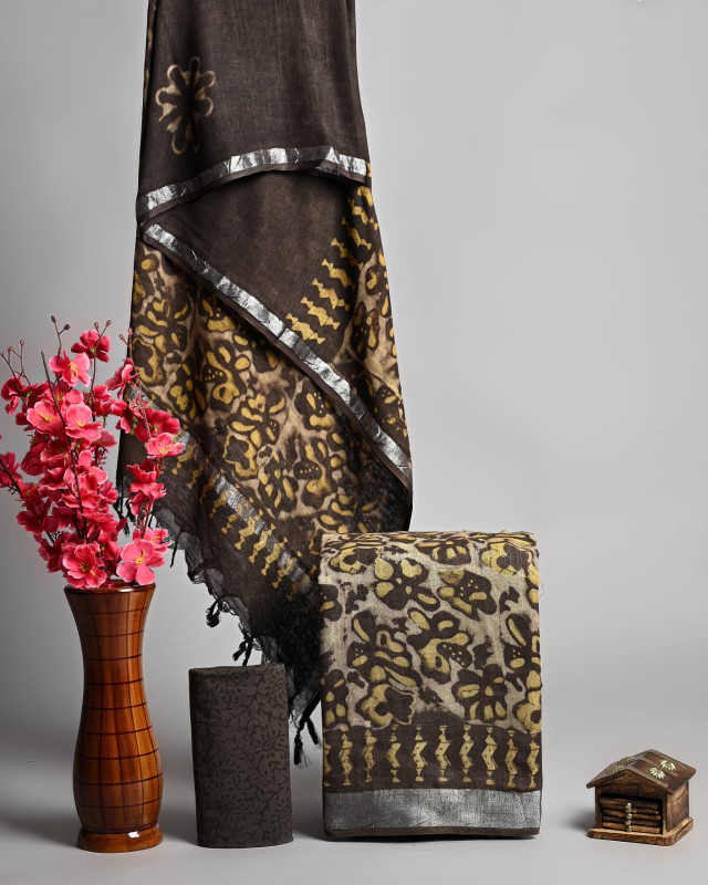 Hand block printed linen cotton unstitched suit material with silver border.