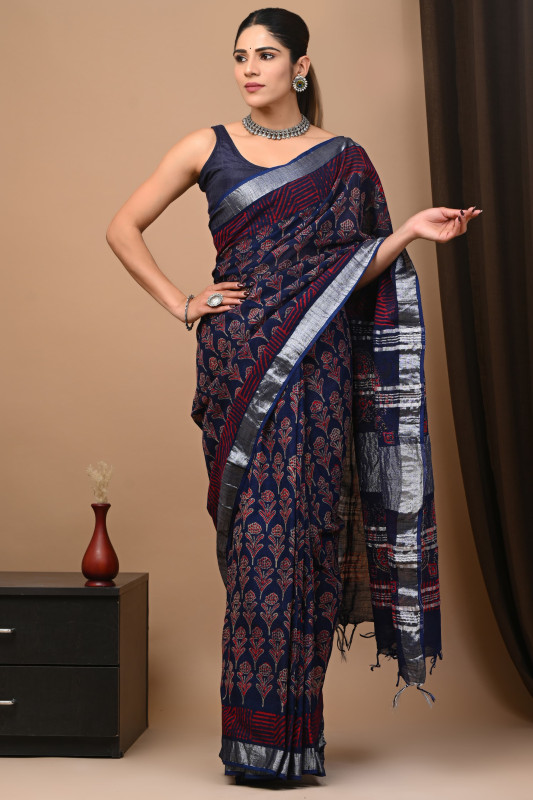 Navy Blue Soft Linen Saree with Red/Grey Hand Block Print Leaf Motifs and Silver Zari Border.
