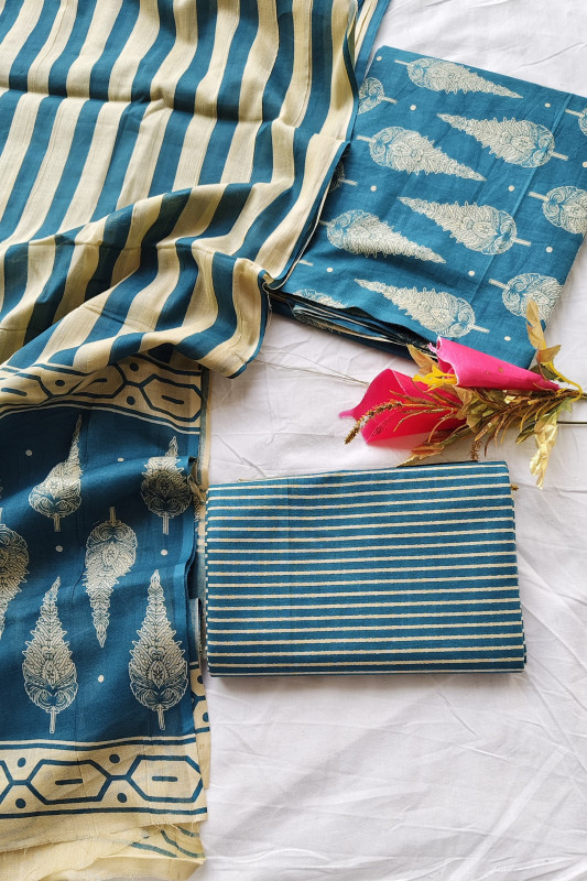 Teal Hand Block Print Striped & Leaf Cotton unstitched suit  Material for Women 2.5 Mtr top and 2.5 Mtr Bottom  and  2.5 Mtr Dupatta