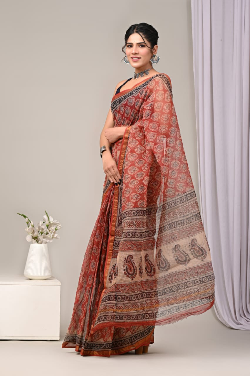 Red & Beige Kota Doria Saree Handmade Dabu/Bagru Hand Block Printed