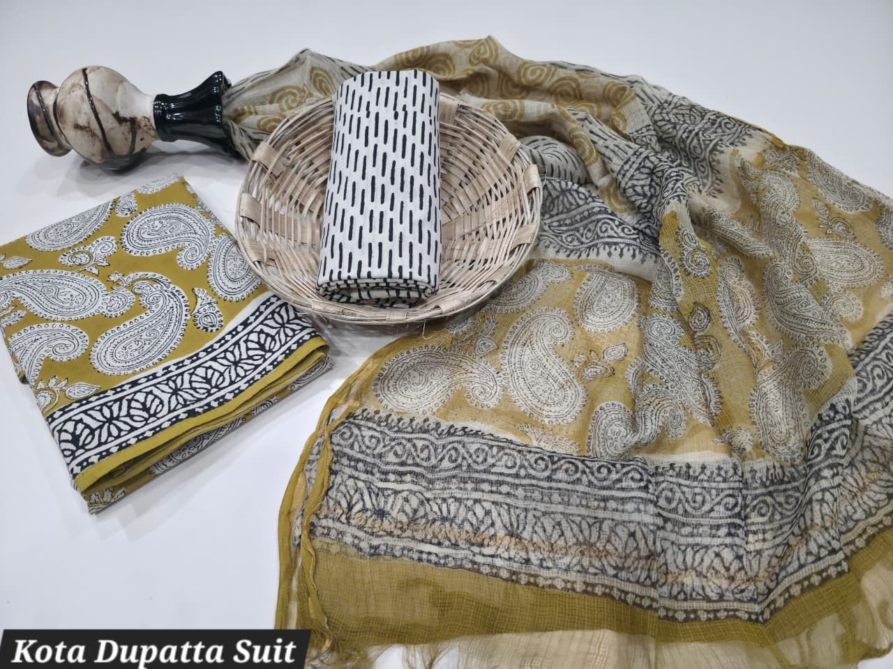 Mustard & Black Paisley Hand Block Print Cotton Suit with a sheer Kota Doria Dupatta.