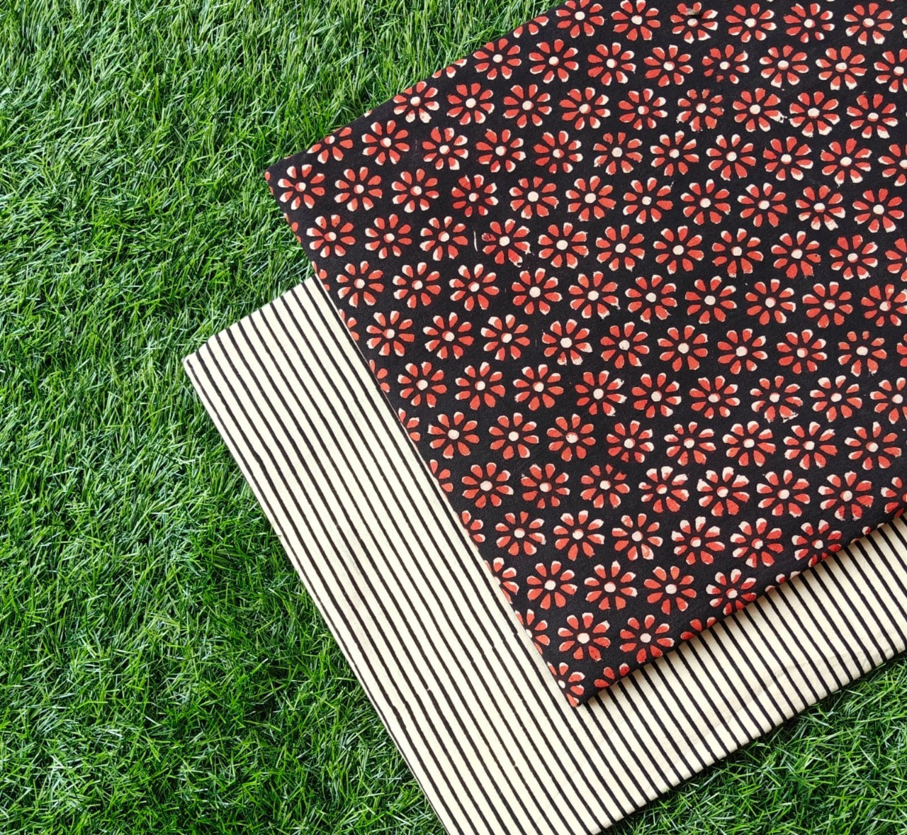 Black Red Floral Handblock Printed Cotton Suit Set Top 2.50 MTR +Bottom 2.50 MTR