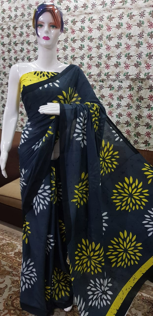 Midnight Grey and Lemon Yellow Batik Cotton Saree with Large Starburst Floral Motifs.
