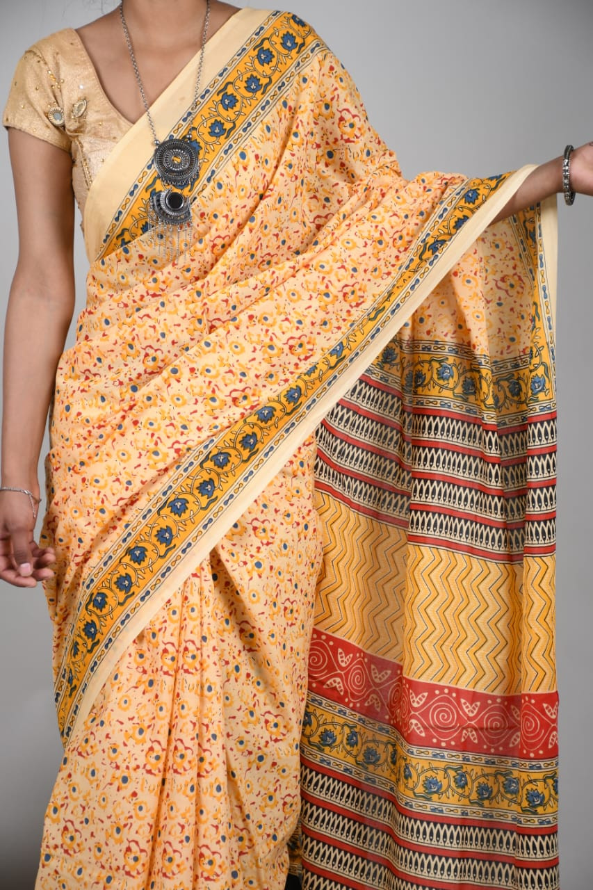 Mustard Yellow and Beige Hand Block Printed Mulmul Cotton Saree