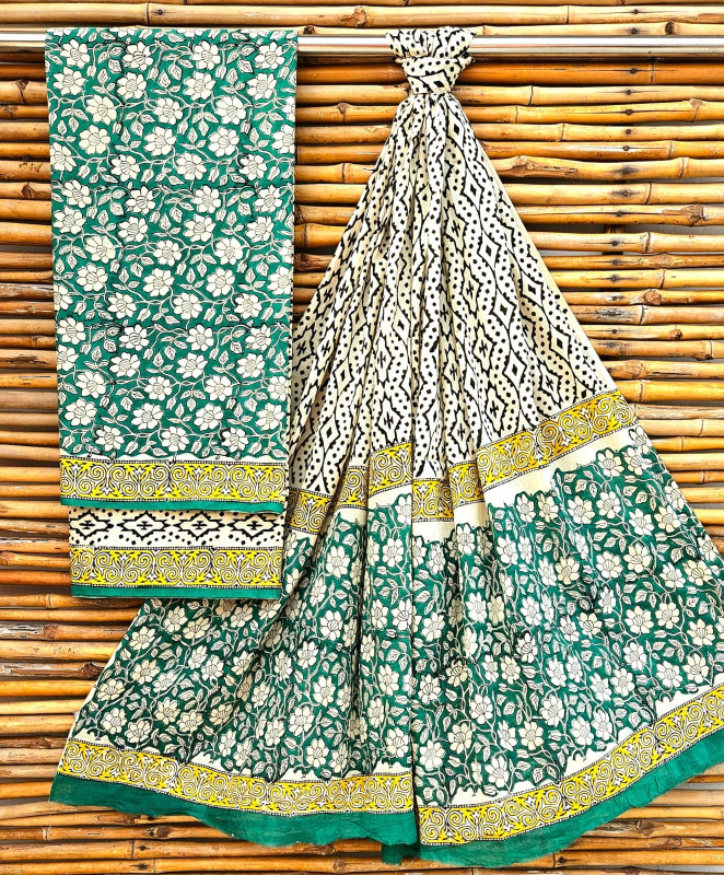 Jaipuri Hand-Block Print Cotton Suit Set in Forest Green & Cream