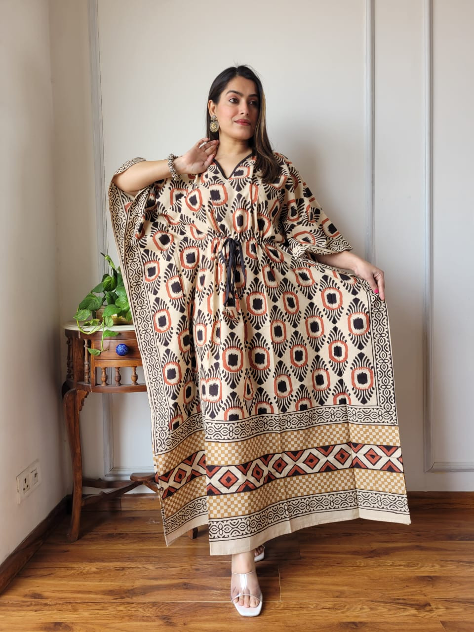 Light Grey Block Printed Long Kaftan for Women