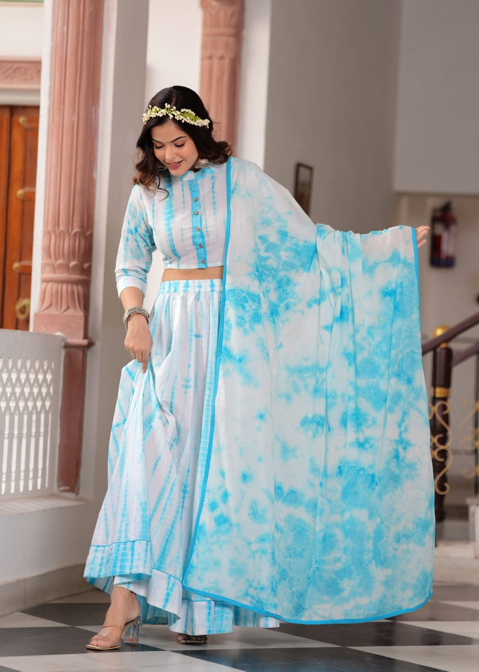 Sky Blue and White Shibori Tie-Dye Cotton Lehenga Choli with a matching Shibori Print Dupatta.