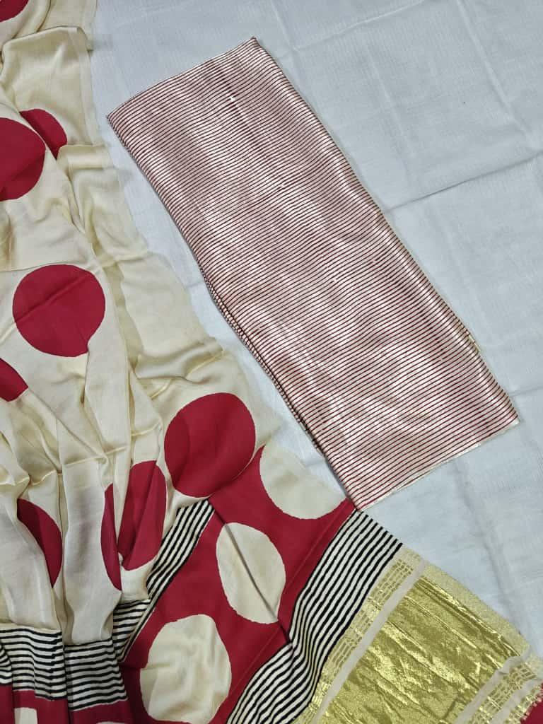 Cream, Red, and Black Polka Dot Print Cotton or Linen Blend Saree
