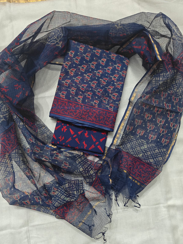 Navy Blue & Red Traditional Buti Print Kota Doria Suit with Gold Zari Border