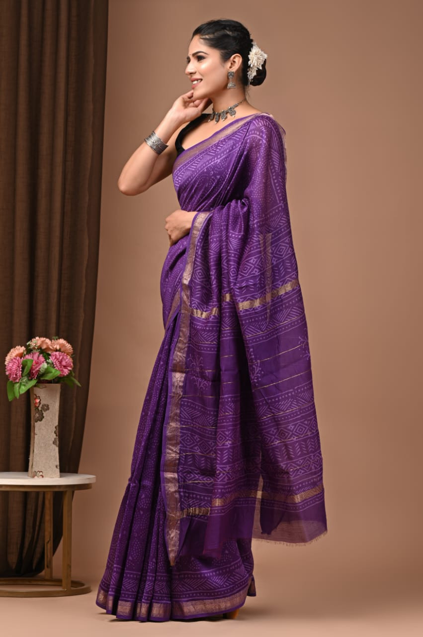 Purple, Gold, and Beige Maheshwari Silk Hand-Block Print Saree