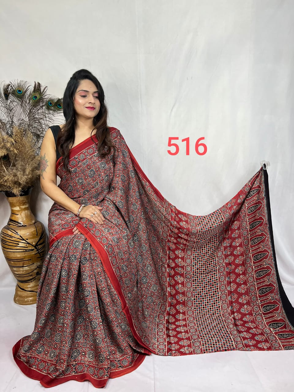 Red and Black Ajrakh Hand Block Printed Modal Silk Saree