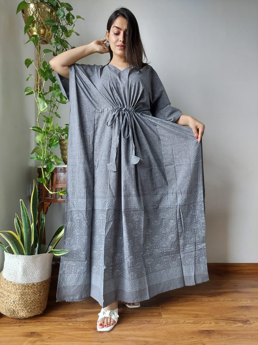 Cadet Grey Block Printed Long Kaftan for Women