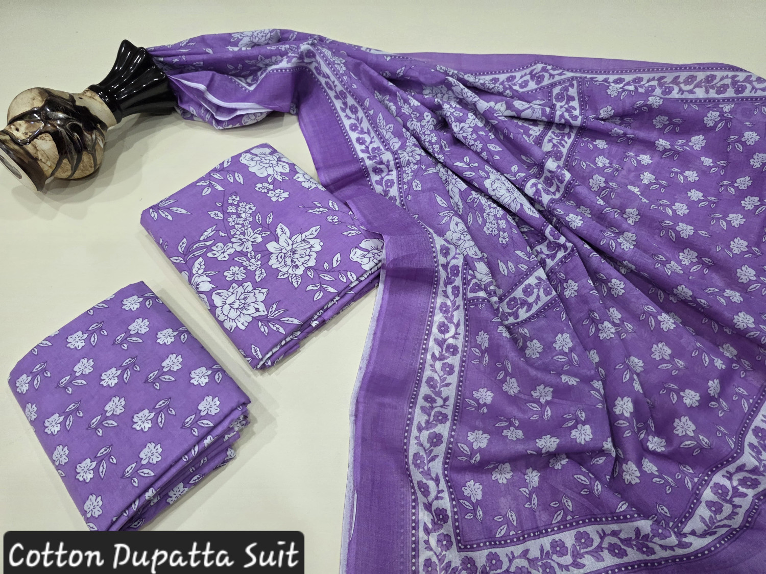 Purple and White Hand Block Printed Cotton Dupatta Suit.