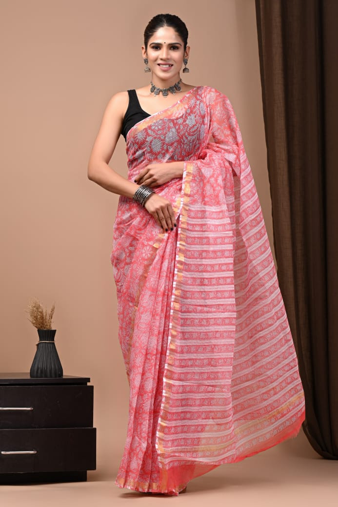 Pink Kota Doria Saree Handmade Dabu/Bagru Hand Block Printed