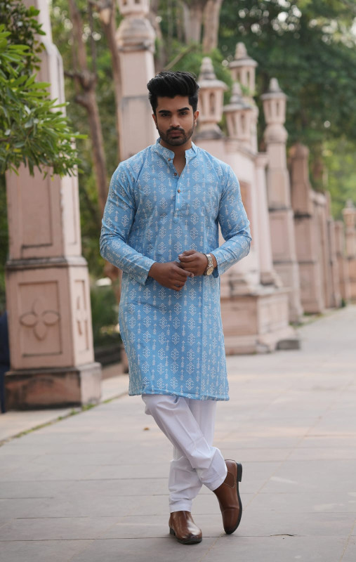 Sky Blue/Aqua Blue Printed Kurta with White Pyjama