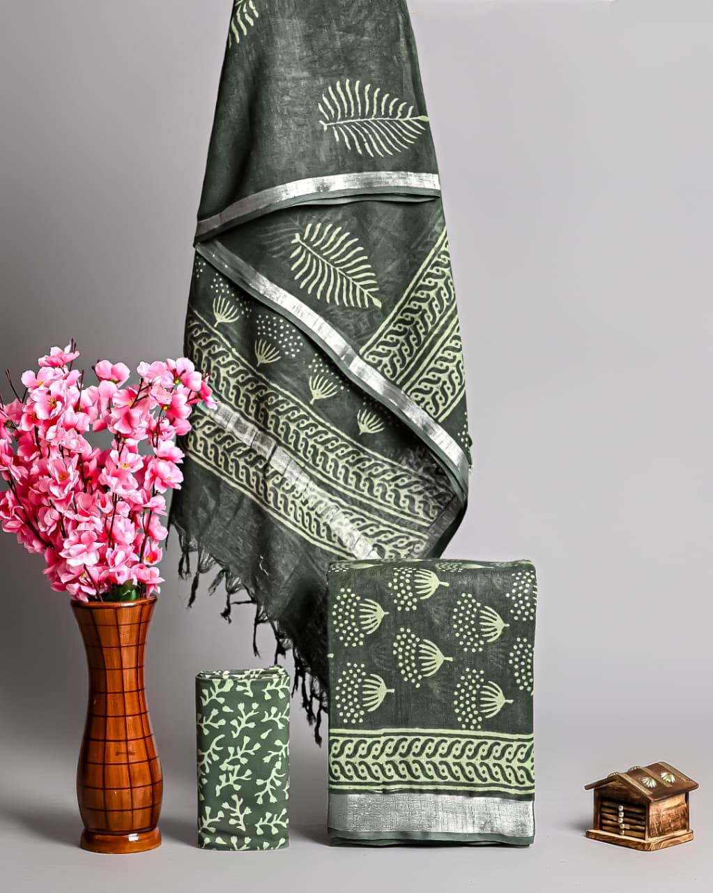 Deep Olive Green Leaf and Bud Motif Hand Block Printed Cotton Unstitched Suit Set