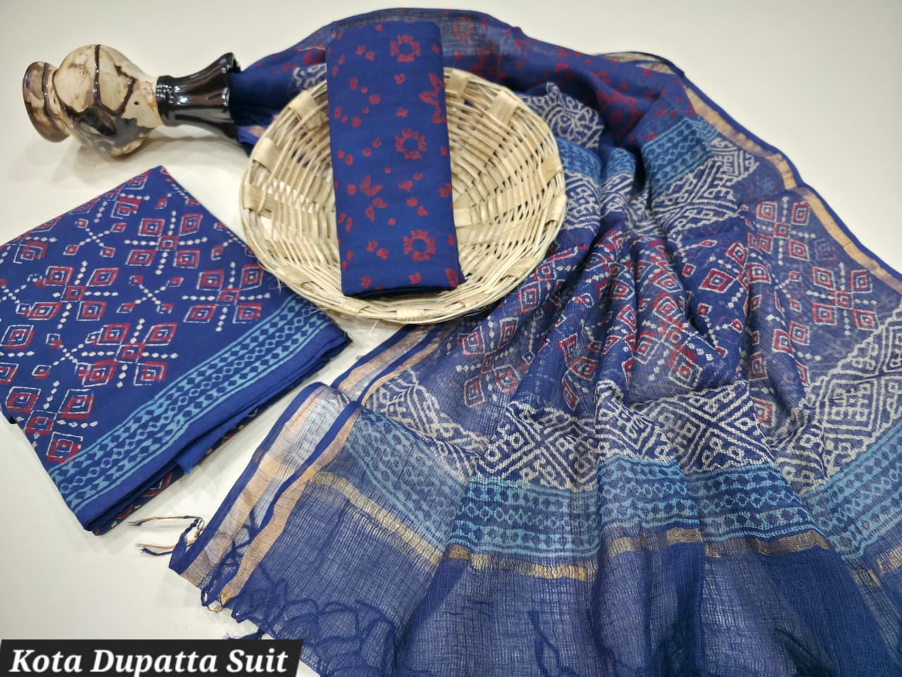 Indigo Blue Handblock Printed Cotton Suit Set with Kota Doria Dupatta