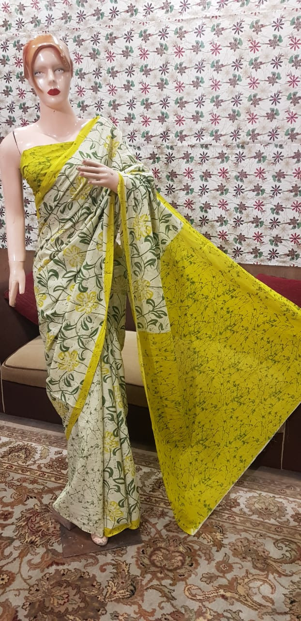 Cream and Lime Yellow Mulmul Cotton Saree with Floral Batik and Crackle Print.
