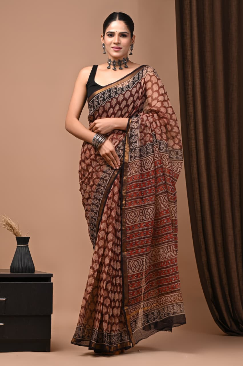 Brown & Red Hand Block Printed Kota Doria Saree
