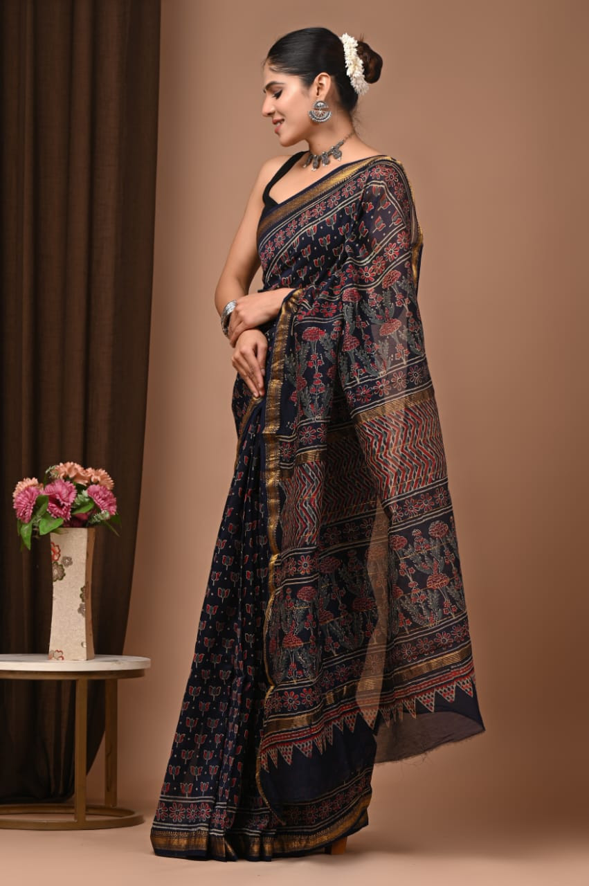 Navy Blue and Red Maheshwari Silk Saree with a Gold Zari Border and Hand Block Print/Ajrakh Print.