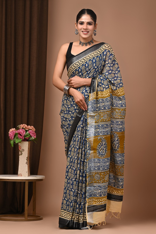 Navy Blue  Soft Linen Saree with Mustard/Beige/Black Hand Block Print Leaf/Ikat Motifs and Black/Silver Zari Border.