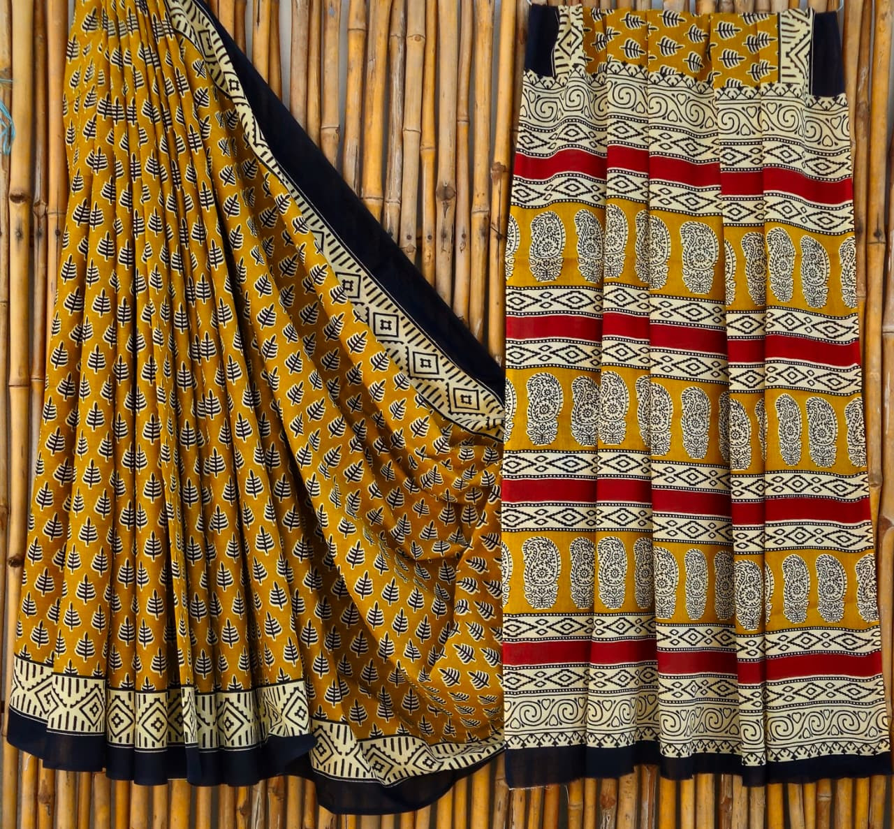 Mustard Yellow & Black Hand Block Printed 100% Pure Mulmul Cotton Saree (6.5 Mtrs, 92*80)