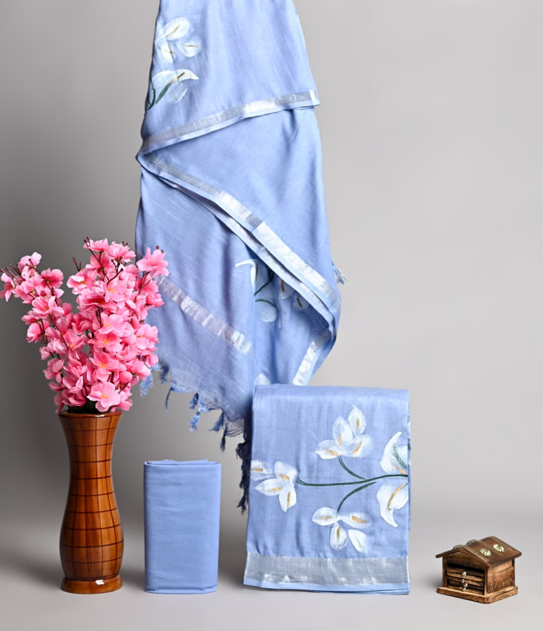 Powder Blue Tissue Silk Floral-Print Dupatta with Silver Border