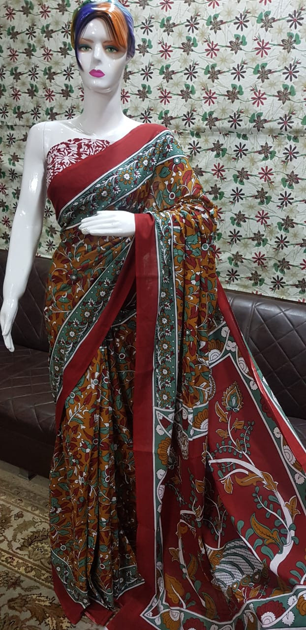 Traditional Mustard and Crimson Kalamkari Floral Cotton Saree with Teal Accents.