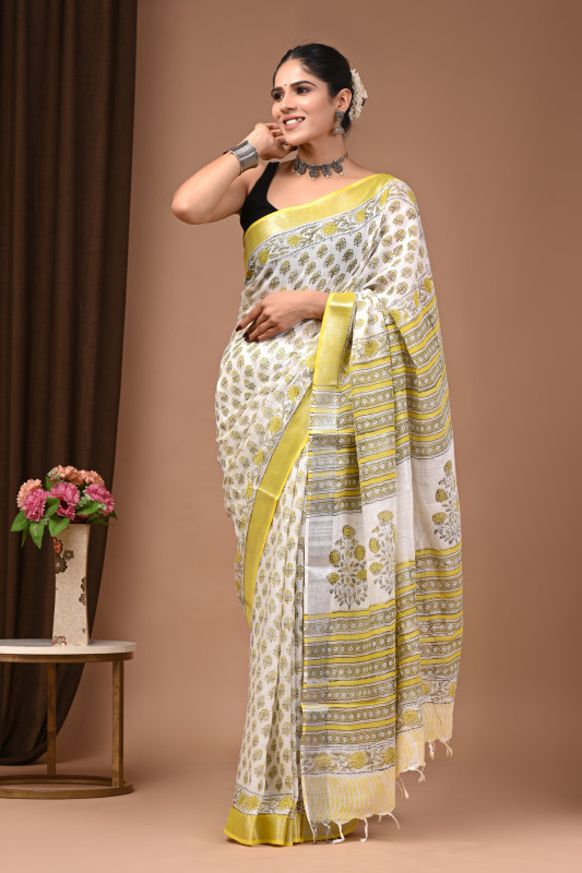 White & Yellow Handblock Printed Cotton Saree with Floral and Stripe Pattern