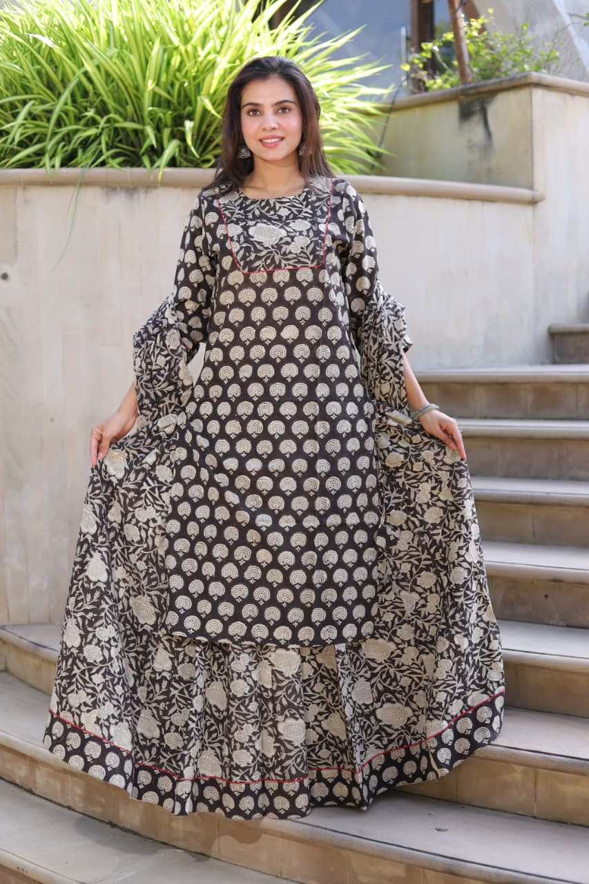 Black & White Hand Block Printed Cotton Long Kurta & Skirt with Dupatta