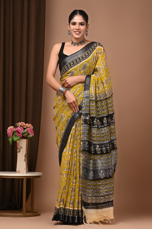 Mustard Yellow Handblock Printed Cotton Saree with Black & White Floral Pattern