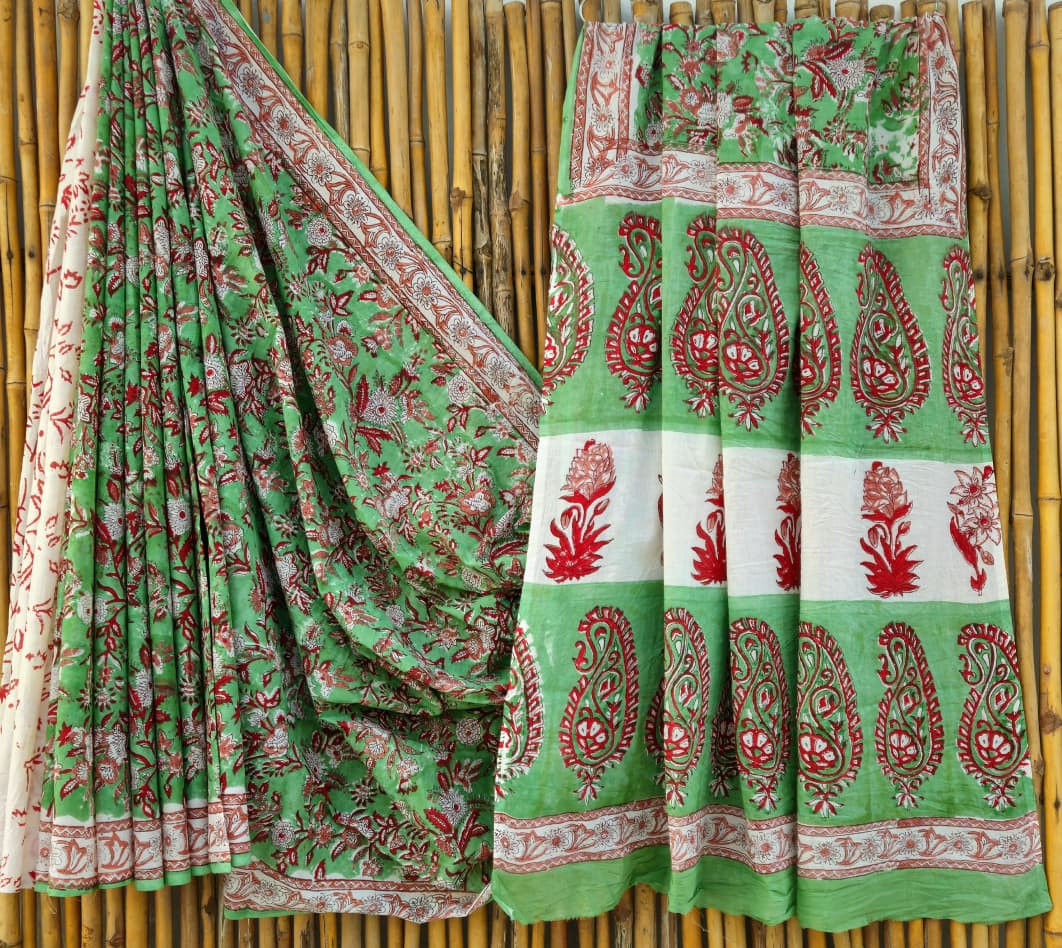 Green & White Kalamkari Hand-Block Printed Mulmul Cotton Saree with Blouse (6.5 Meters, 92*80, 100% Pure Cotton Fabric)